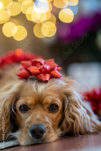 A cocker spaniel wearing a red gift bow on its head