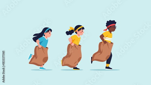 Three diverse children competing in a sack race.