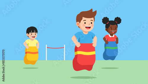 Three diverse children participate in a lively sack race outdoors.