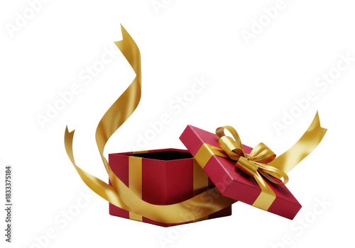 luxurious crimson red gift box with black velvet interior, lid ajar, and thick swirling gold satin ribbon, isolated on white studio background with copy space. Concept of luxury holidays