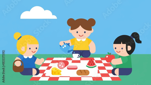Three cute cartoon girls enjoying a summer picnic.