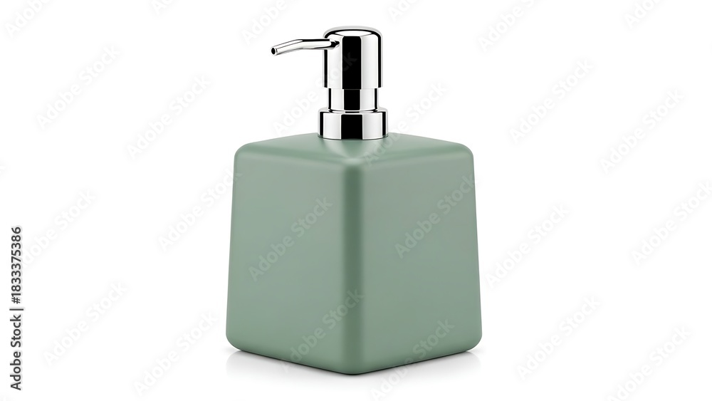 Obraz premium Green liquid soap dispenser with chrome pump on a white background.