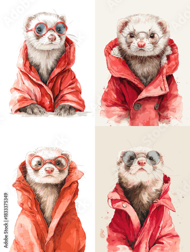 Adorable ferret illustrations wearing red coats and glasses, painted in soft watercolor tones. Perfect for character design, nursery art, kids products, and charming decorative prints.