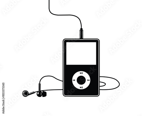 Black and white mp3 player with earphones isolated on