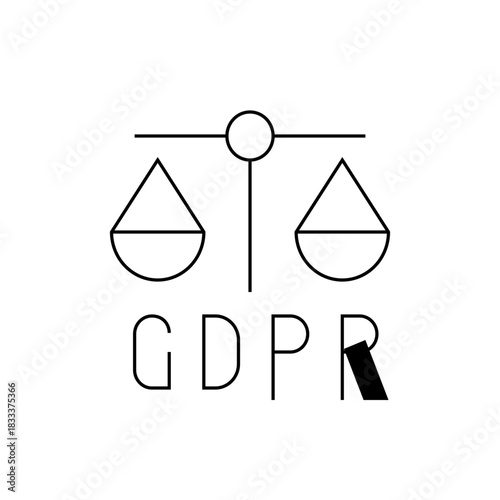 Illustration depicting gdpr compliance with scales of justice and a stylized letter r element design