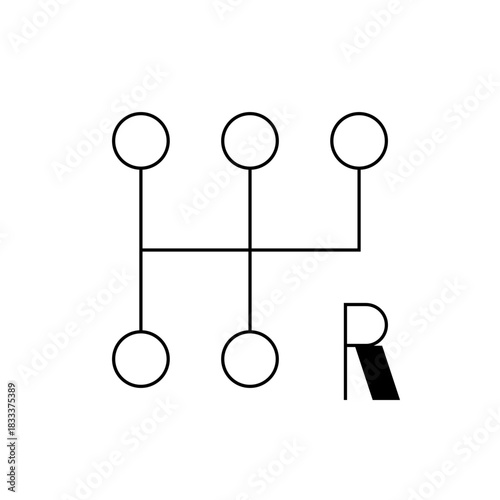 Schematic diagram of a manual transmission gear shift pattern with reverse gear indicator symbol r present