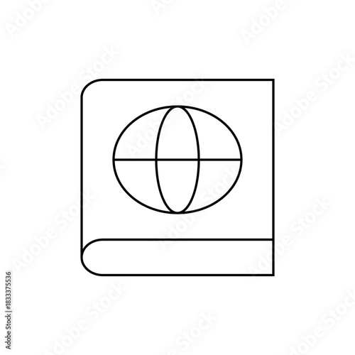 Illustration of a book with a globe symbol on the cover in a simple black and white outline style