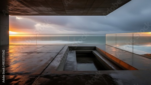 Modern concrete patio with ocean view at sunset.