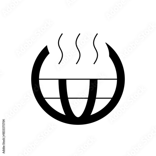 Illustration of a stylized black and white cooking pot with steam rising, enclosed in a circular shape