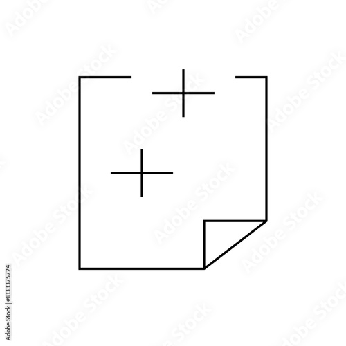 Illustration of a document with a folded corner and two plus signs on the upper portion of the page