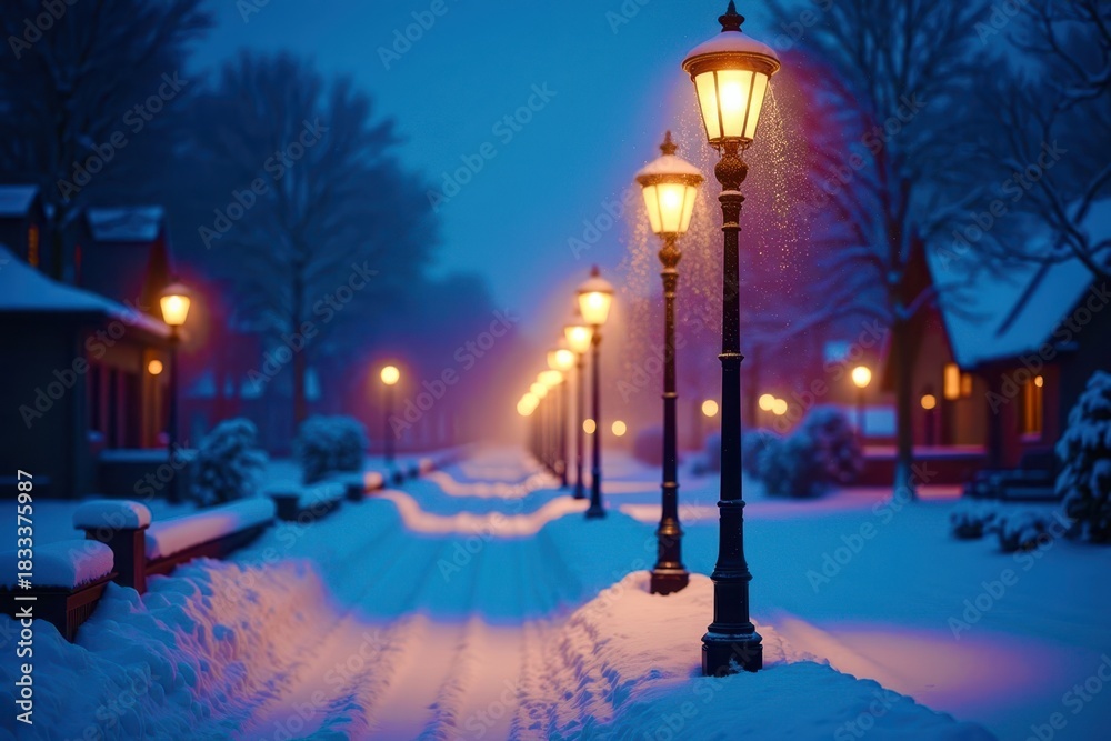 Obraz premium A snowy street with a row of street lamps lit up