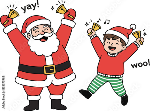 Santa Claus and a happy boy ringing bells and celebrating Christmas yay woo Keywords: Santa Claus, boy