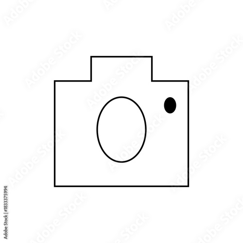 A simple line drawing of a camera with a circular lens and a small circular flash on the right side