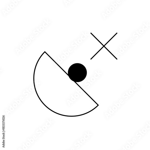 A minimalistic representation showing a black circle resting in a semicircle with a cross shape above it