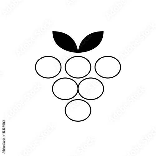 Illustration of a grape bunch with seven circles and two leaves in a simple black and white style