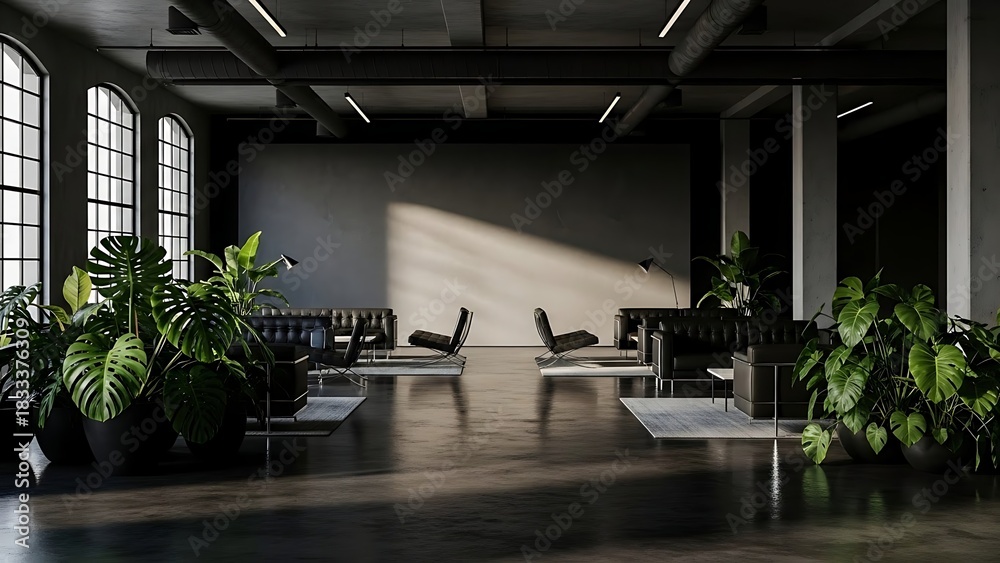 Fototapeta premium Modern industrial lounge with elegant black leather furniture and large green plants.