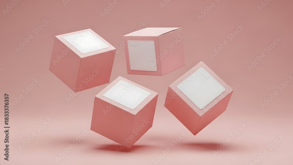 Obraz premium Floating pink product boxes with blank labels on a soft pastel background