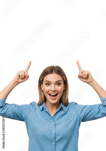 young caucasian woman (22) with blonde hair, energetic, enthusiastically pointing up in a light blue shirt against a high-key pure white studio background, concept for commercial advertising