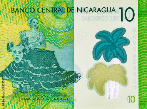 10 Cordobas Nicaragua, a fragment of a banknote for design. Polymer money of Nicaragua.