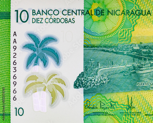 10 Cordobas Nicaragua, a fragment of a banknote for design. Polymer money of Nicaragua.