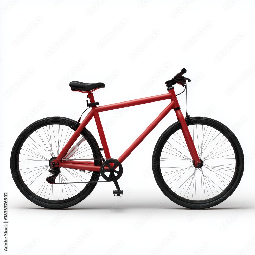 Obraz premium Red bicycle isolated on white background with black wheels and minimalistic design