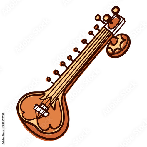 Indian musical instrument sitar hand drawn