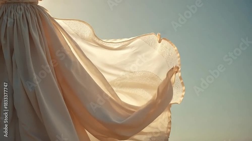 Elegant flowing fabric dances in the wind, soft texture against blue sky creating movement and serenity, perfect for beauty and fashion projects