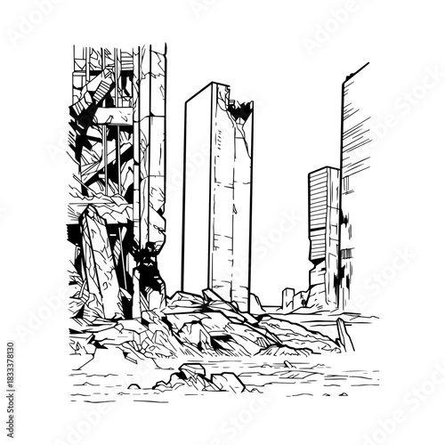 Destroyed city drawn