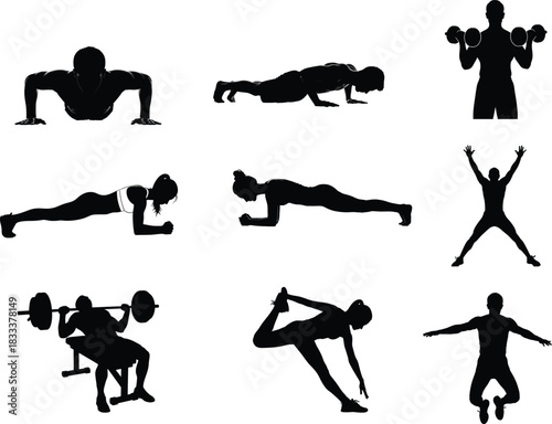 Silhouette of people exercising and working out in various poses