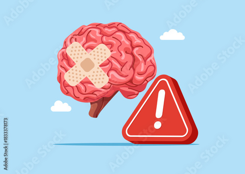 Cerebrum with exclamation attention sign. Critical days. Cerebrum disease research. Flat vector illustration