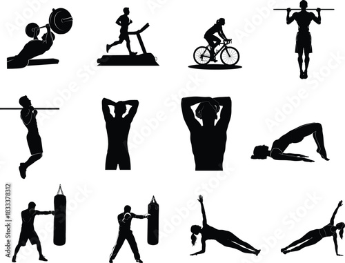 Silhouette collection of various exercise and fitness activities