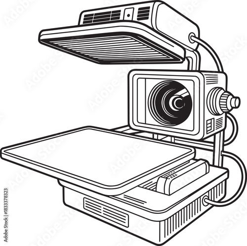 Classic overhead projector black white vector outline illustration school presentation equipment analog device tool.