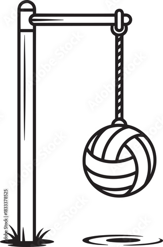 Outdoor tetherball game vector outline illustration sport ball swinging from pole with rope playground activity.