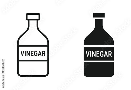 Vinegar bottle icon set in outline and silhouette style, representing condiments, cooking ingredients, and kitchen essentials, vector illustration.