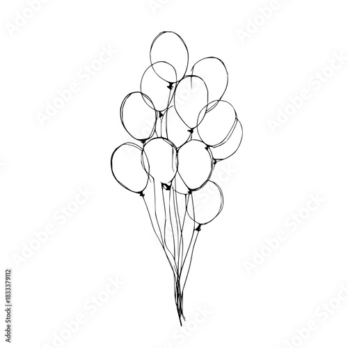Sketchy illustration of a bunch of balloons tied together with strings in a simple black and white drawing