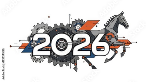 Futuristic 2026 Year Number with Mechanical Horse and Gears.