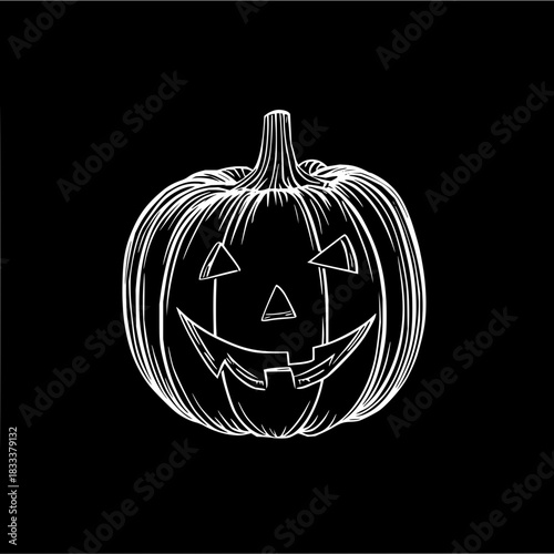 White outline drawing of a jack o lantern with triangular eyes on a black background design vector