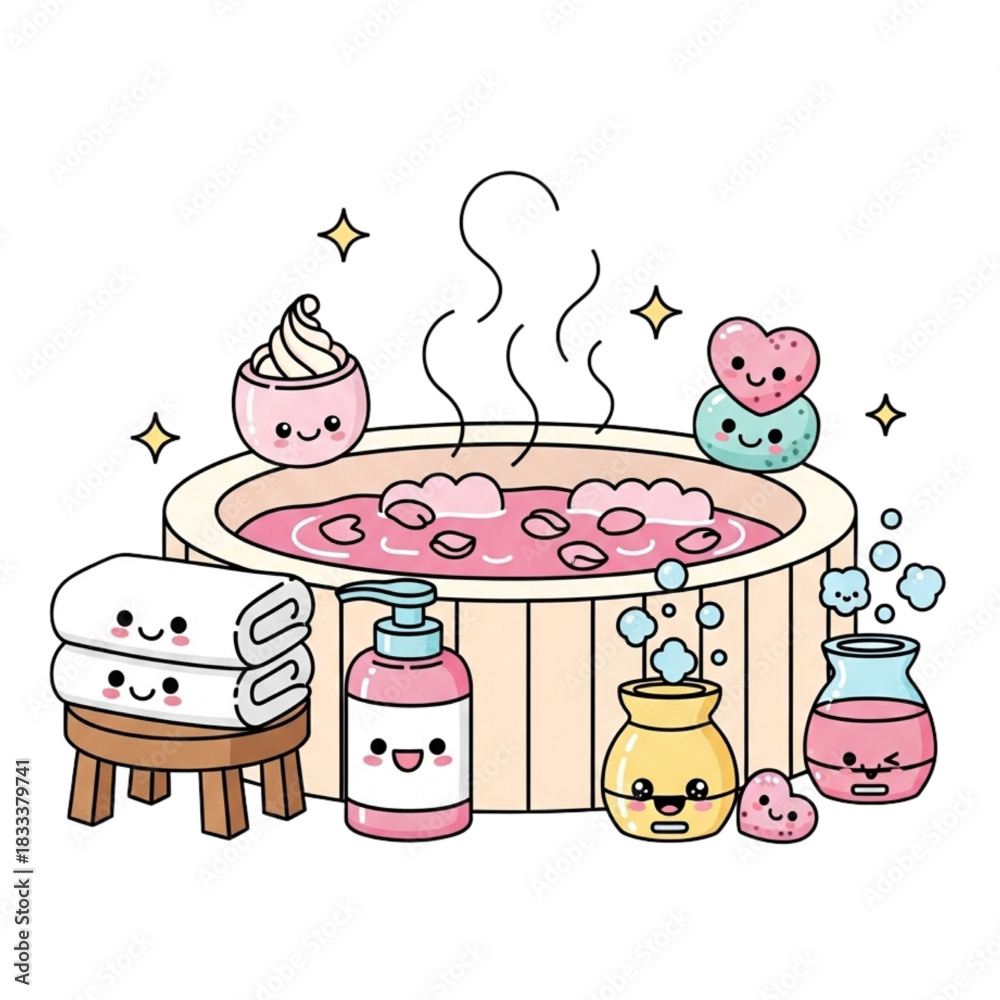 Obraz premium Adorable spa day cartoon with bubbly hot tub and kawaii self-care items, perfect for relaxation, wellness, and cute designs, originally a scalable vector graphic