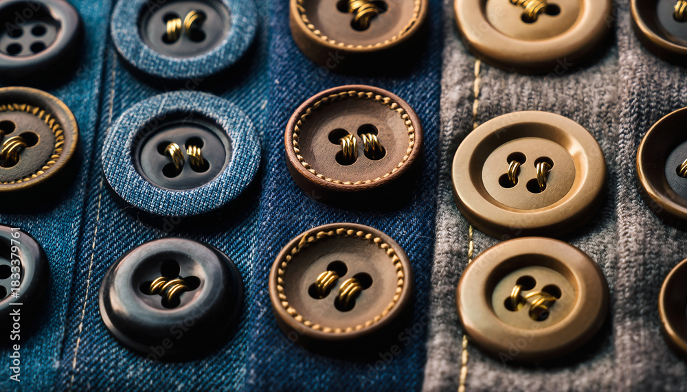 Fototapeta premium Detailed closeup showcasing diverse sewing buttons arranged on fabric. Highlights craftsmanship, texture, and attention to detail. Suitable for fashion, sewing, or design concepts.