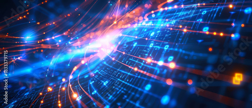 Vibrant abstract scene with glowing quantum data streams, blue and orange light trails, and dynamic digital patterns. Futuristic concept of energy, motion and technology.