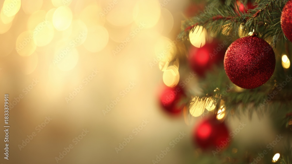 Obraz premium Red ornaments sparkle on a Christmas tree with golden lights in the background
