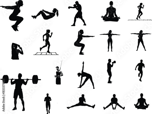 Silhouette of people exercising various fitness activities and poses