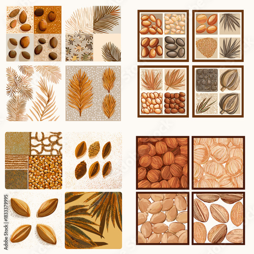 Botanical illustration collection of palm seeds, leaves, and natural textures in earthy tones. Perfect for organic design, nature themes, packaging, patterns, and botanical artwork.