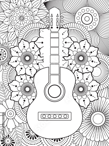 Guitar with flower coloring book  for kids