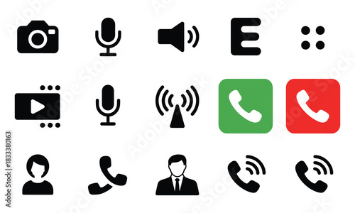 video call icon set, vector illustration including mic, mute, video, chat, screen share, and call buttons, ideal for mobile apps, web platforms, interfaces,  dashboards, and digital 