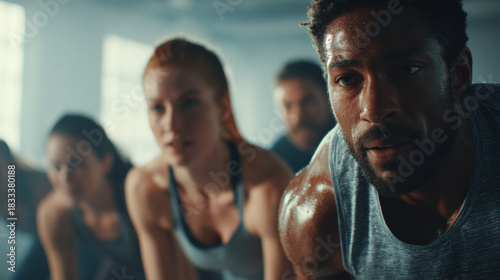 Group of diverse adults performing high intensity interval training indoors, focused and determined, sweating during intense workout session in modern gym environment