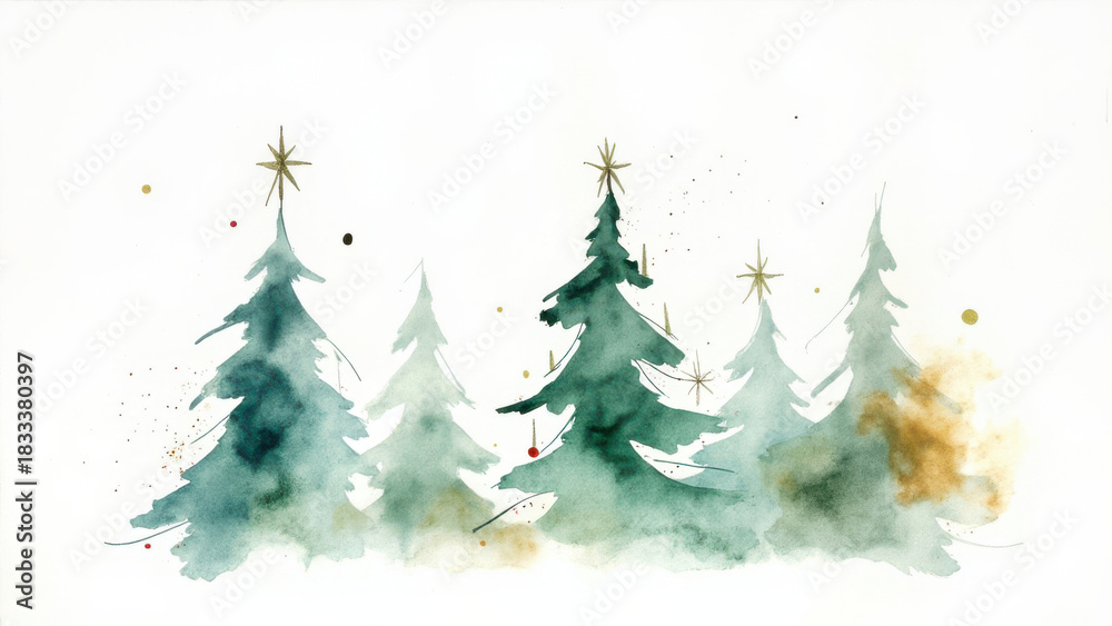 Fototapeta premium Watercolor Christmas trees with gold star toppers on a white background