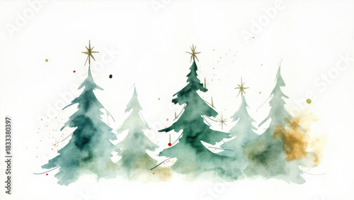 Watercolor Christmas trees with gold star toppers on a white background