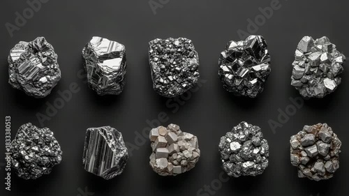 High-detail metallic ore samples with reflective crystal textures, dynamic geology video for industrial projects, scientific visuals, and mineral-focused motion graphics