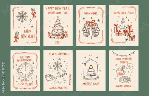 Hand drawn Christmas poster set. Retro vintage New Year doodle illustrations in minimalist line art style with holiday wreath, bows, candle, gifts, and martini glass. Festive coquette vector design